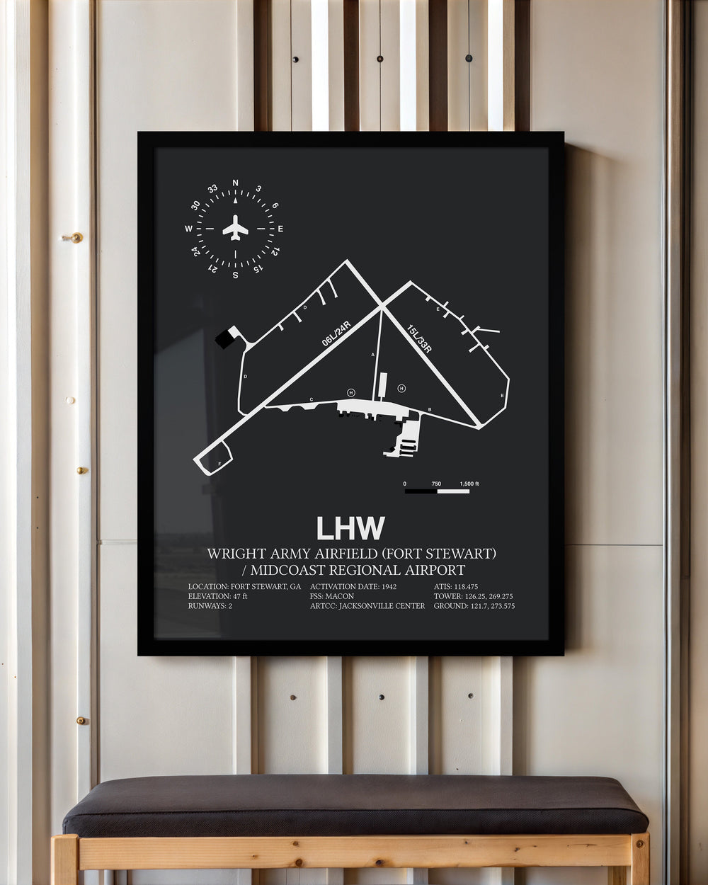 Framed Detailed Airport Map of Wright Army Airfield (Fort Stewart) / Midcoast Regional Airport (LHW) in Gray with a Black Frame