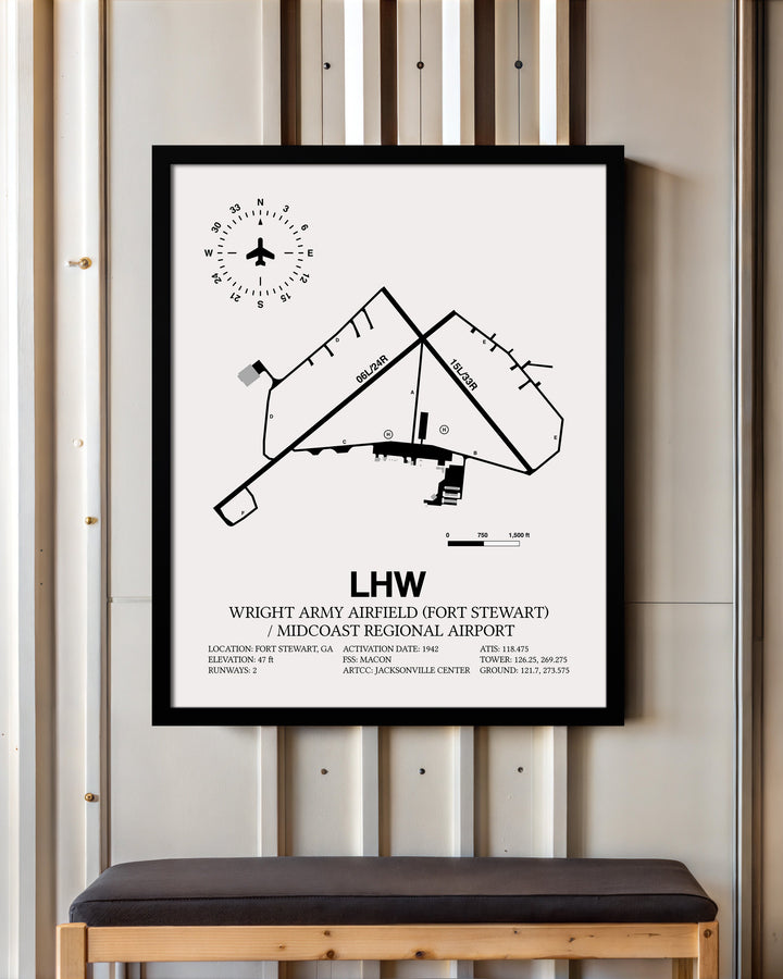 Framed Detailed Airport Map of Wright Army Airfield (Fort Stewart) / Midcoast Regional Airport (LHW) in White with a Black Frame