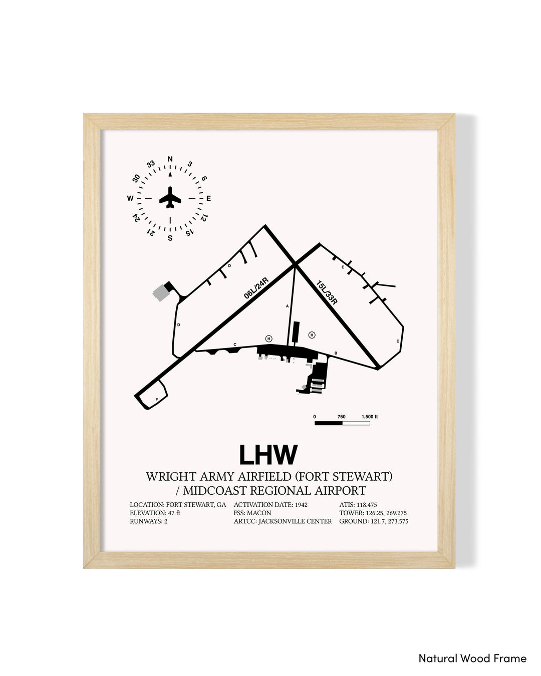 Detailed Airport Map of Wright Army Airfield (Fort Stewart) / Midcoast Regional Airport (LHW) in White with a Natural Frame