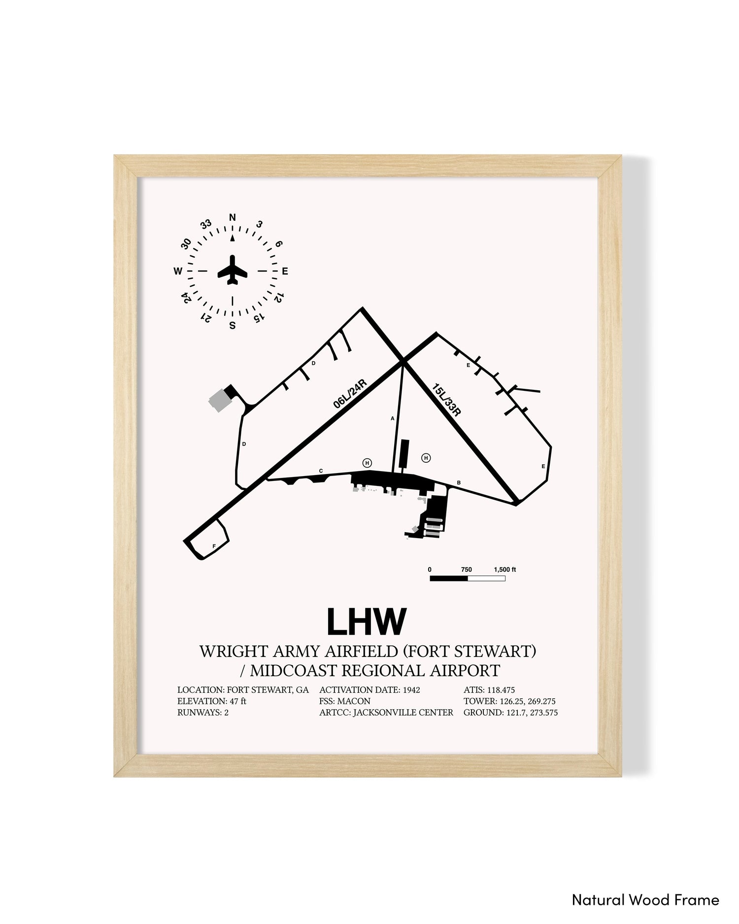 Detailed Airport Map of Wright Army Airfield (Fort Stewart) / Midcoast Regional Airport (LHW) in White with a Natural Frame