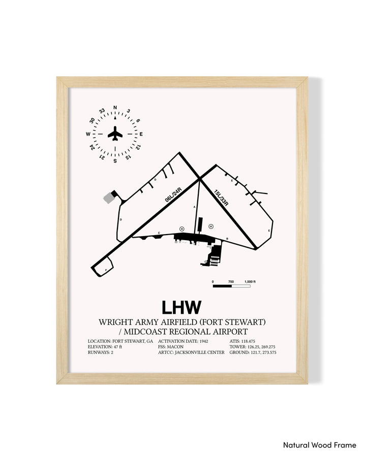 Detailed Airport Map of Wright Army Airfield (Fort Stewart) / Midcoast Regional Airport (LHW) in White with a Natural Frame