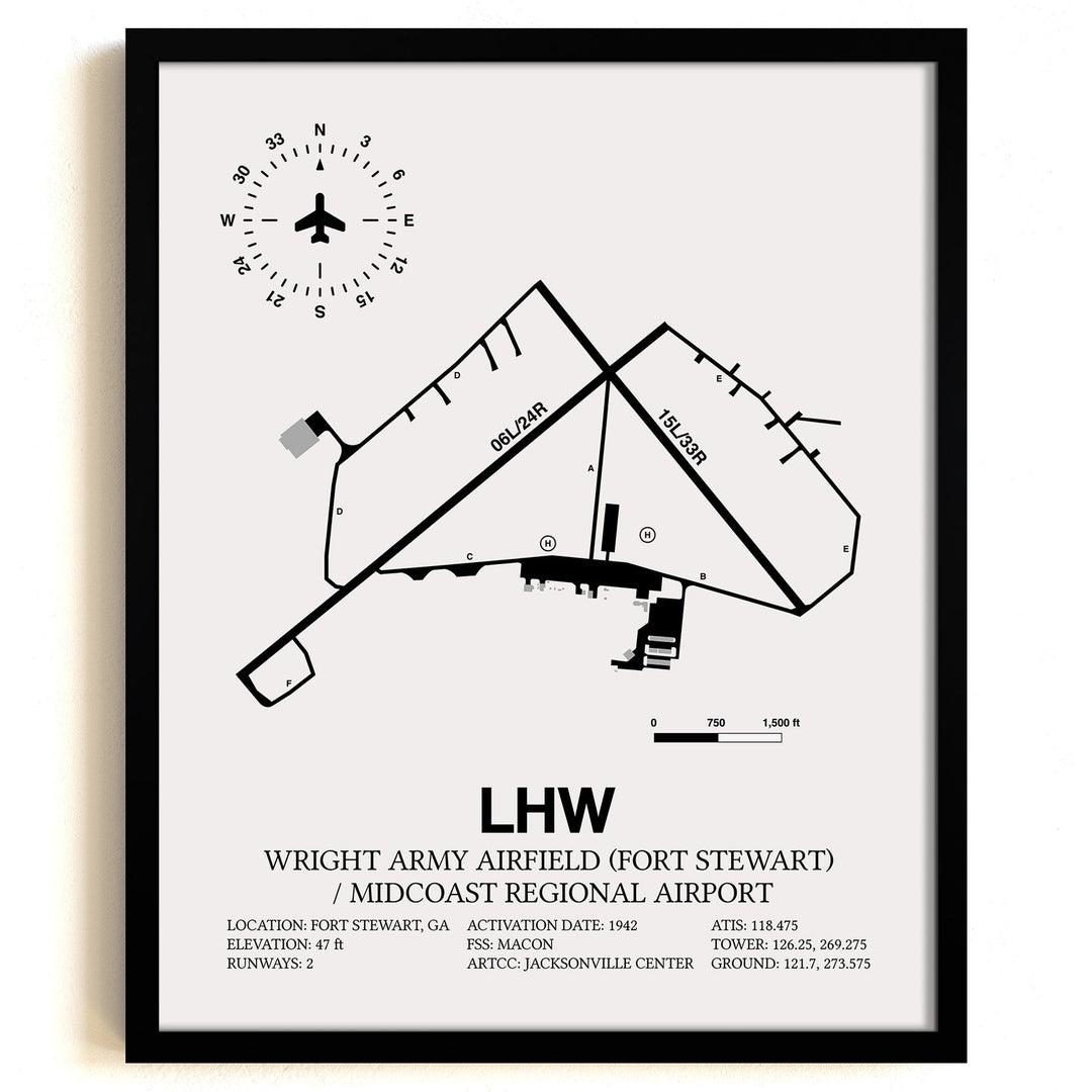 Framed Detailed Airport Map of Wright Army Airfield (Fort Stewart) / Midcoast Regional Airport (LHW) in White with a Black Frame