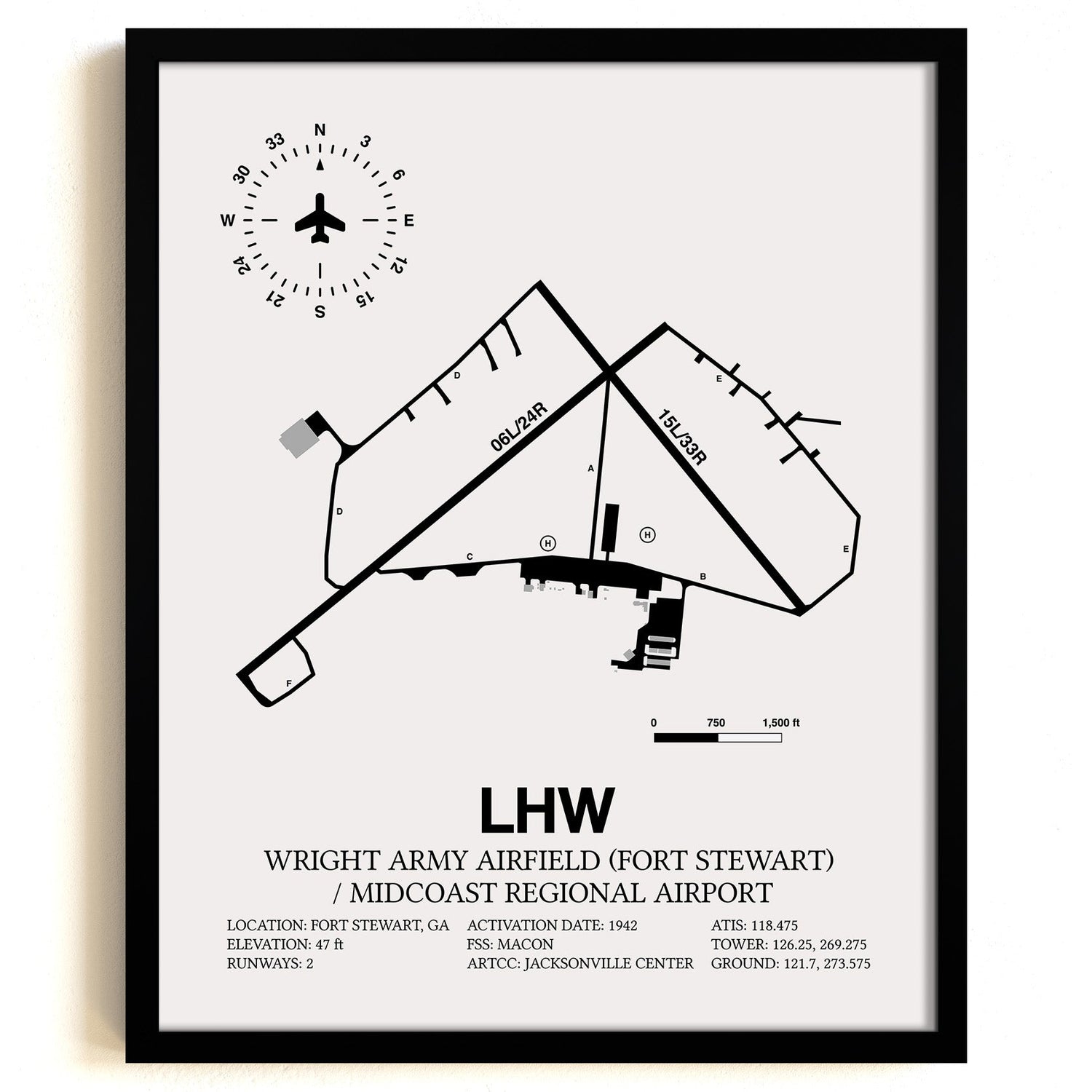 Framed Detailed Airport Map of Wright Army Airfield (Fort Stewart) / Midcoast Regional Airport (LHW) in White with a Black Frame