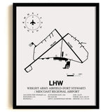 Framed Detailed Airport Map of Wright Army Airfield (Fort Stewart) / Midcoast Regional Airport (LHW) in White with a Black Frame