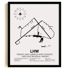 Framed Detailed Airport Map of Wright Army Airfield (Fort Stewart) / Midcoast Regional Airport (LHW) in White with a Black Frame