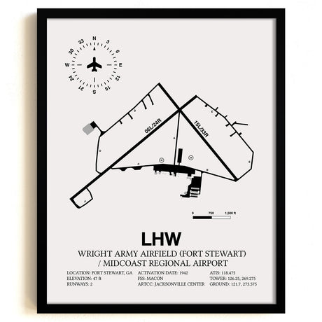 Framed Detailed Airport Map of Wright Army Airfield (Fort Stewart) / Midcoast Regional Airport (LHW) in White with a Black Frame