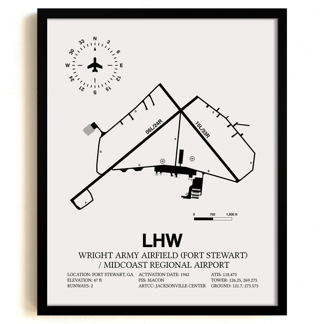 Framed Detailed Airport Map of Wright Army Airfield (Fort Stewart) / Midcoast Regional Airport (LHW) in White with a Black Frame