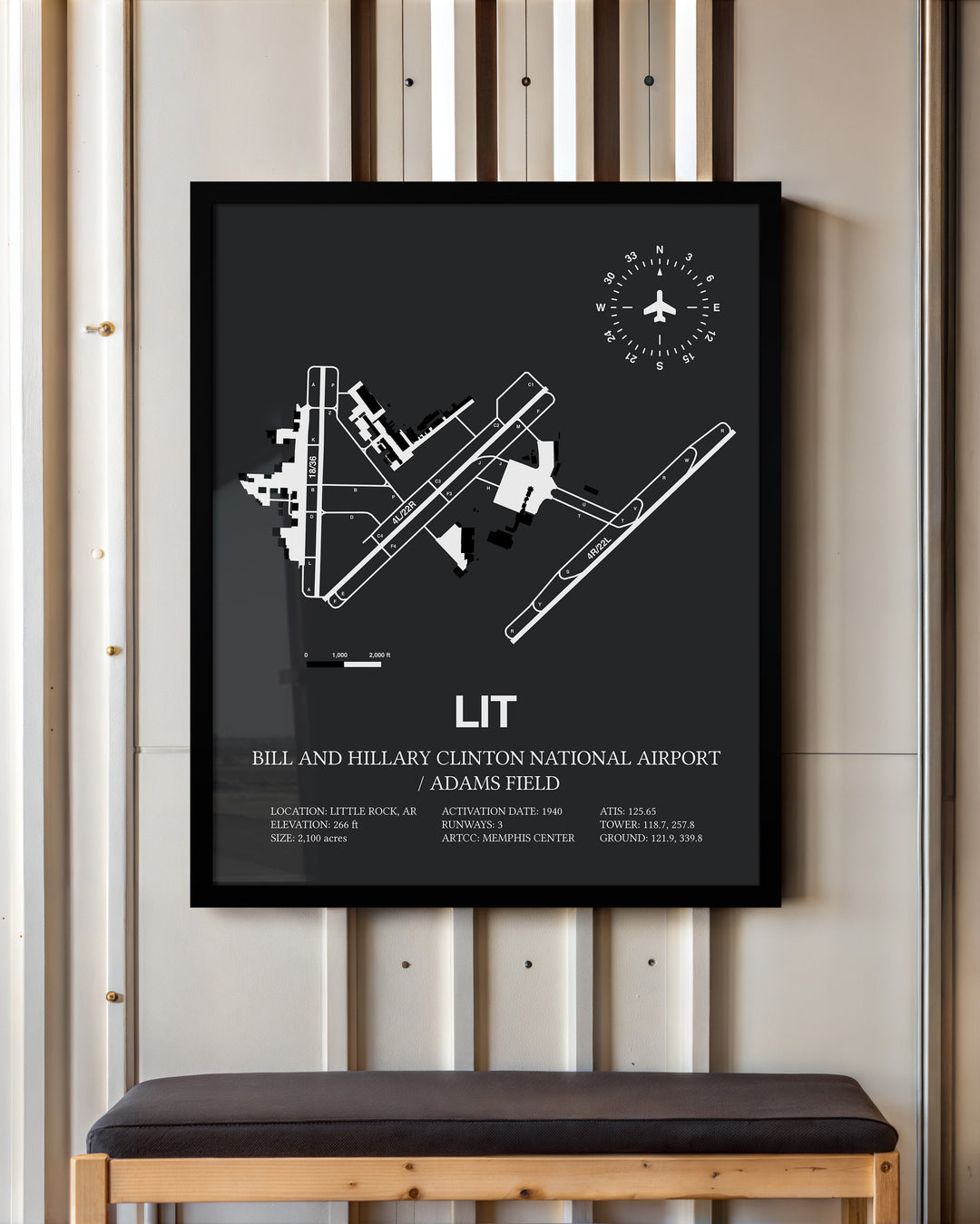 Framed Detailed Airport Map of Bill & Hillary Clinton National Airport/Adams Field (LIT) in Gray with a Black Frame