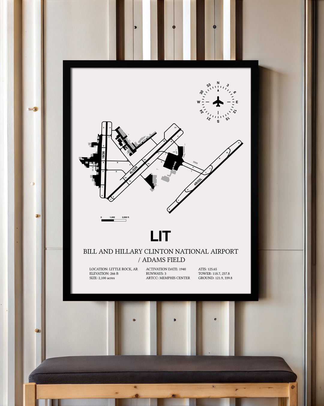 Framed Detailed Airport Map of Bill & Hillary Clinton National Airport/Adams Field (LIT) in White with a Black Frame