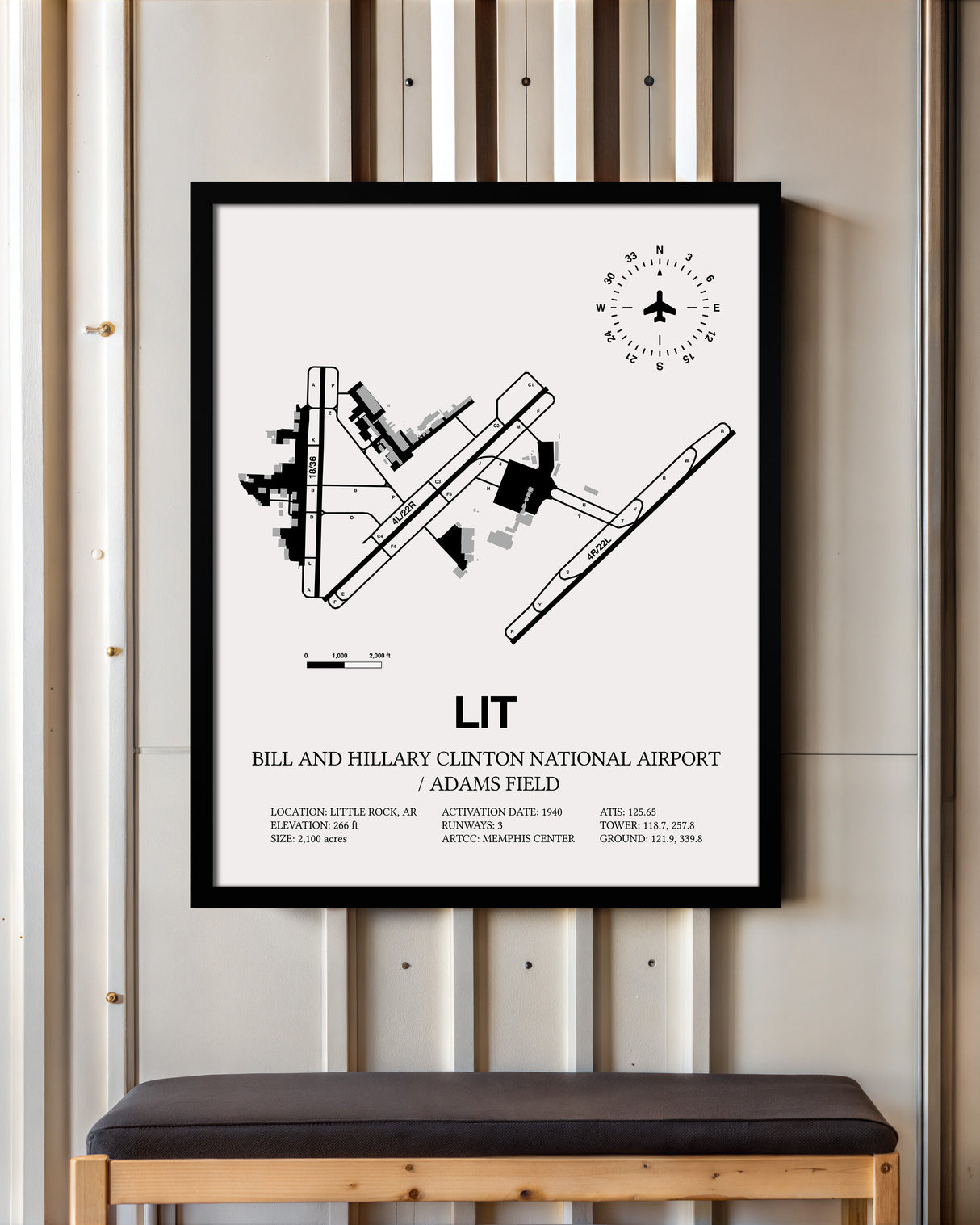 Framed Detailed Airport Map of Bill & Hillary Clinton National Airport/Adams Field (LIT) in White with a Black Frame
