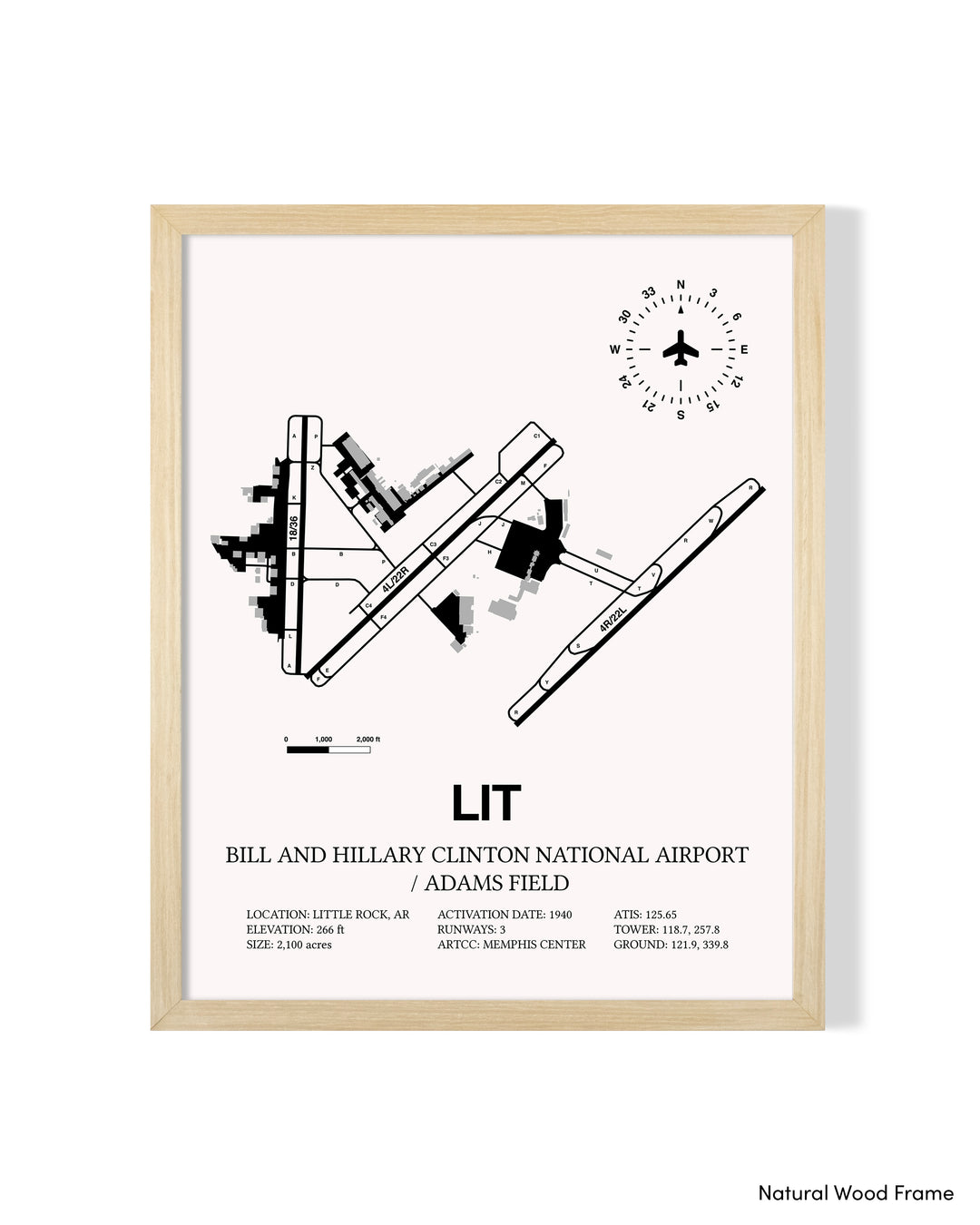 Detailed Airport Map of Bill & Hillary Clinton National Airport/Adams Field (LIT) in White with a Natural Frame