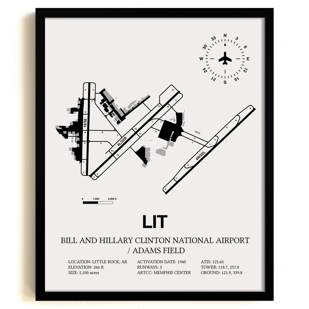 Framed Detailed Airport Map of Bill & Hillary Clinton National Airport/Adams Field (LIT) in White with a Black Frame