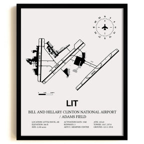 Framed Detailed Airport Map of Bill & Hillary Clinton National Airport/Adams Field (LIT) in White with a Black Frame