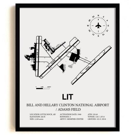 Framed Detailed Airport Map of Bill & Hillary Clinton National Airport/Adams Field (LIT) in White with a Black Frame