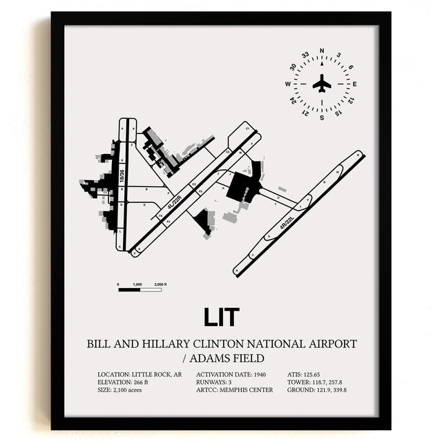 Framed Detailed Airport Map of Bill & Hillary Clinton National Airport/Adams Field (LIT) in White with a Black Frame