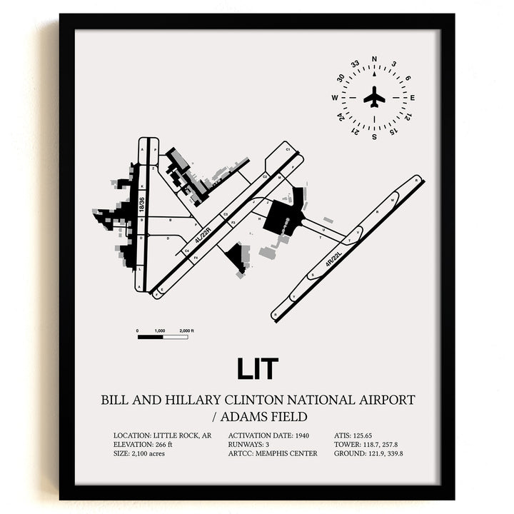 Framed Detailed Airport Map of Bill & Hillary Clinton National Airport/Adams Field (LIT) in White with a Black Frame