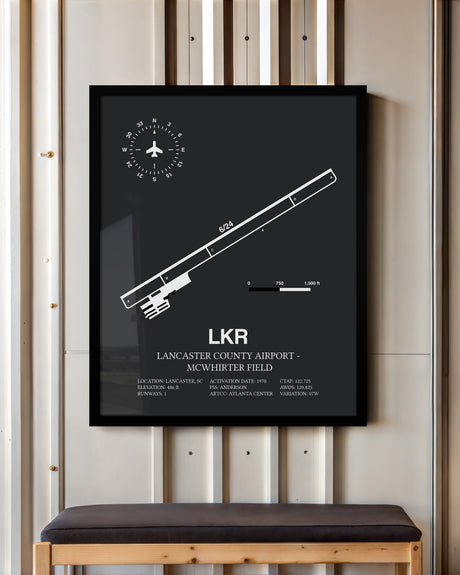 Framed Detailed Airport Map of Lancaster County-Mc Whirter Field (LKR) in Gray with a Black Frame