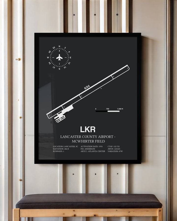 Framed Detailed Airport Map of Lancaster County-Mc Whirter Field (LKR) in Gray with a Black Frame