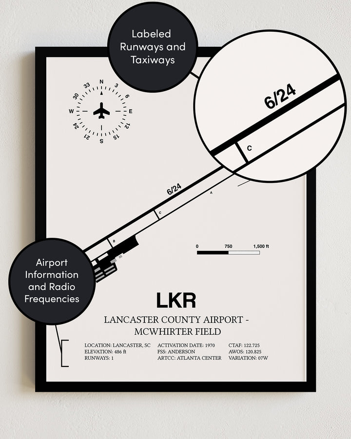 Framed Detailed Airport Map of Lancaster County-Mc Whirter Field (LKR) in White with a Black Frame