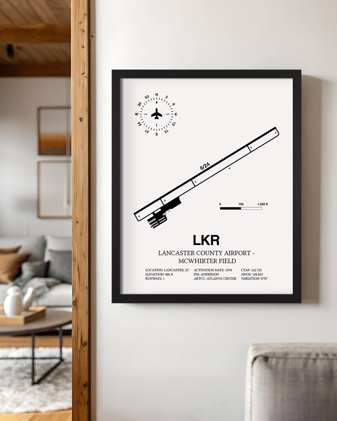 Framed Detailed Airport Map of Lancaster County-Mc Whirter Field (LKR) in White with a Black Frame