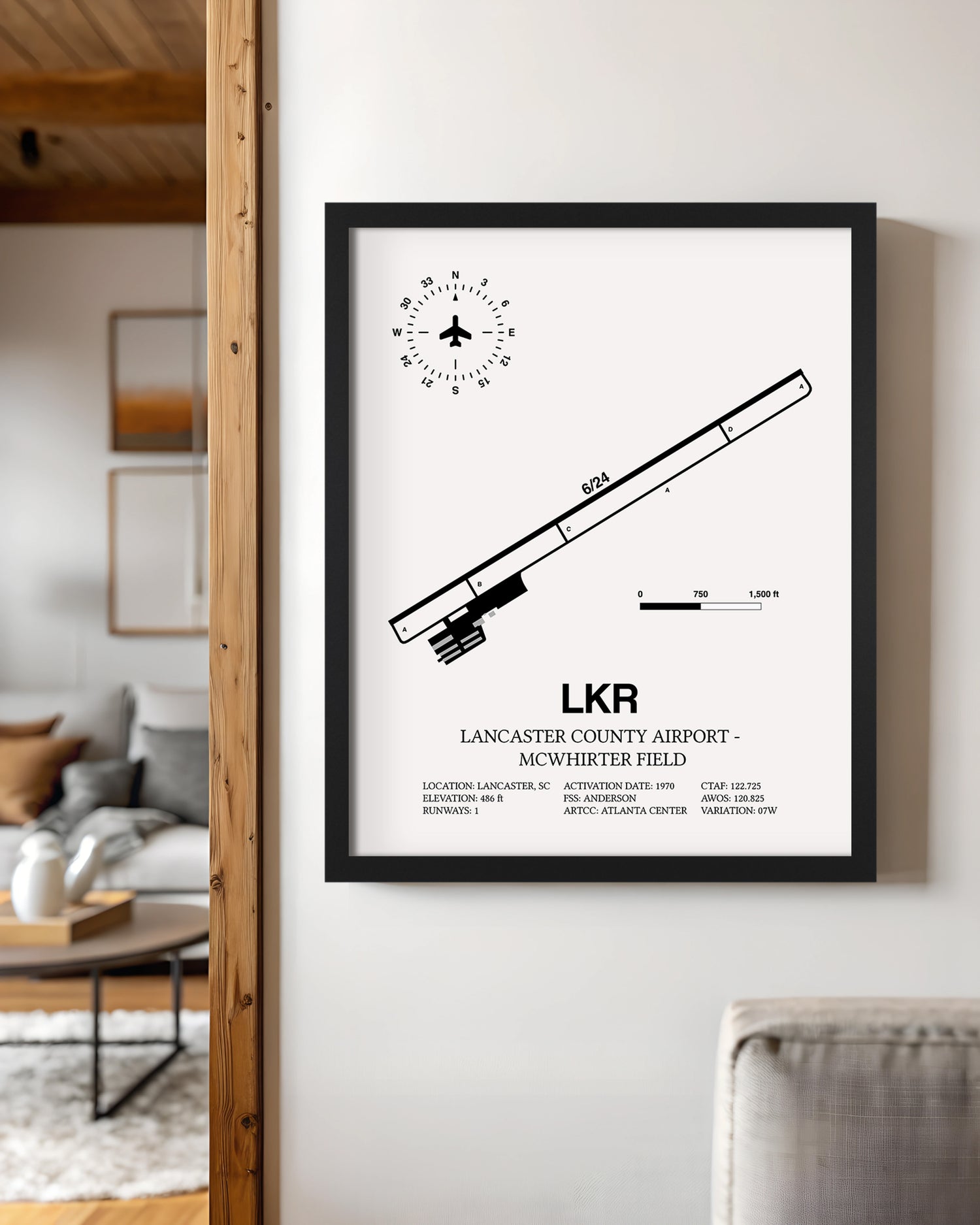 Framed Detailed Airport Map of Lancaster County-Mc Whirter Field (LKR) in White with a Black Frame