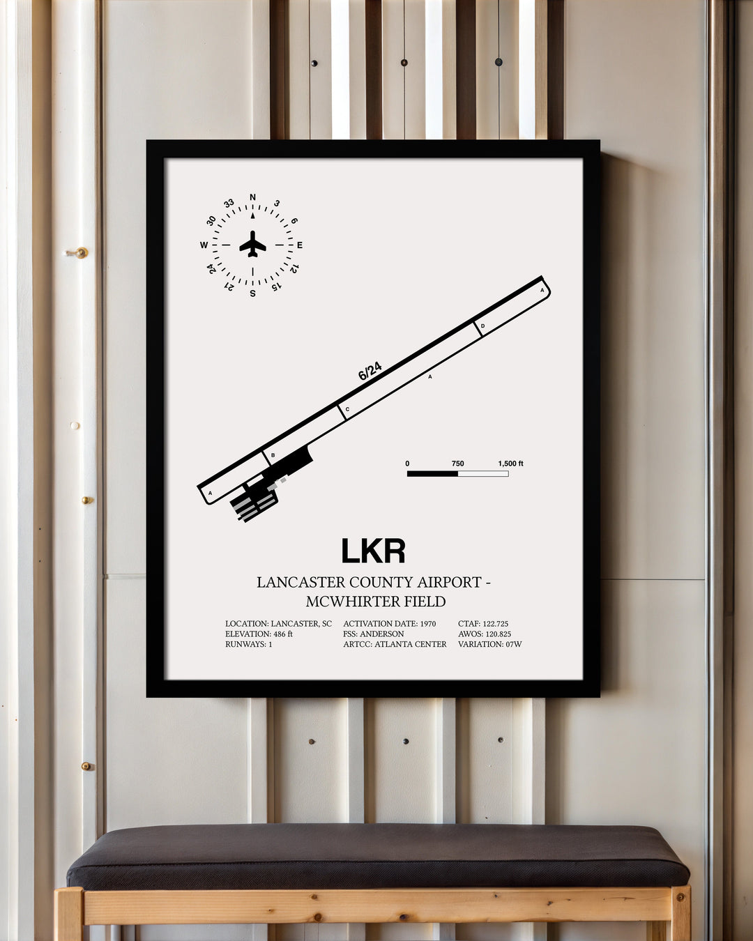 Framed Detailed Airport Map of Lancaster County-Mc Whirter Field (LKR) in White with a Black Frame