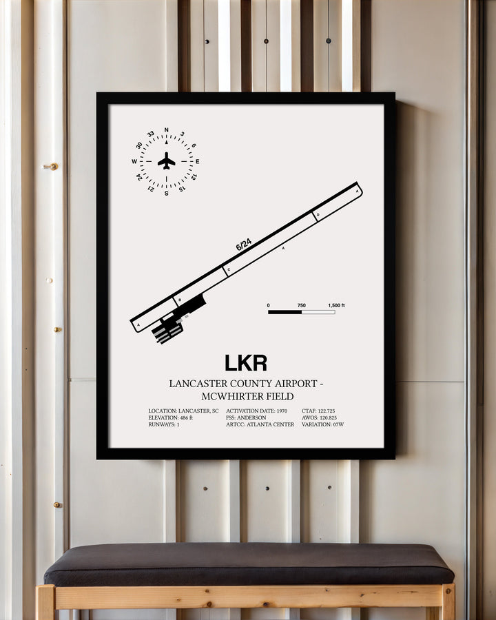 Framed Detailed Airport Map of Lancaster County-Mc Whirter Field (LKR) in White with a Black Frame
