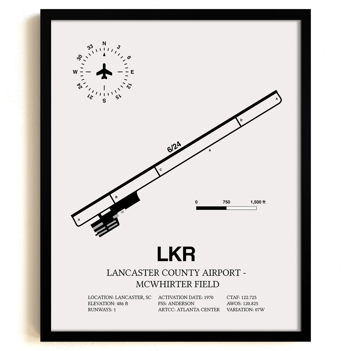 Framed Detailed Airport Map of Lancaster County-Mc Whirter Field (LKR) in White with a Black Frame