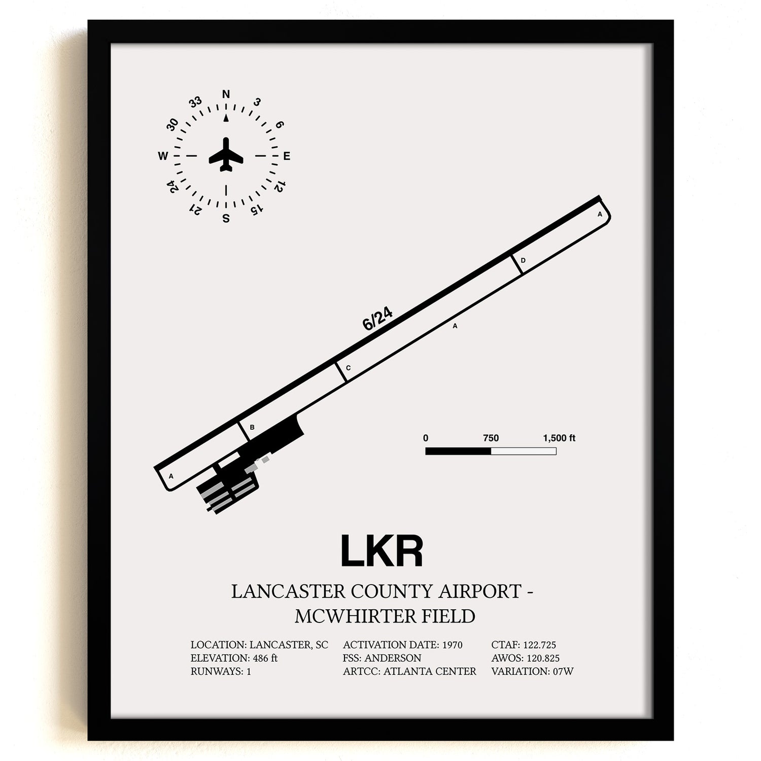 Framed Detailed Airport Map of Lancaster County-Mc Whirter Field (LKR) in White with a Black Frame