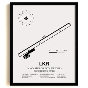 Framed Detailed Airport Map of Lancaster County-Mc Whirter Field (LKR) in White with a Black Frame