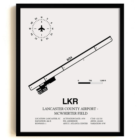 Framed Detailed Airport Map of Lancaster County-Mc Whirter Field (LKR) in White with a Black Frame
