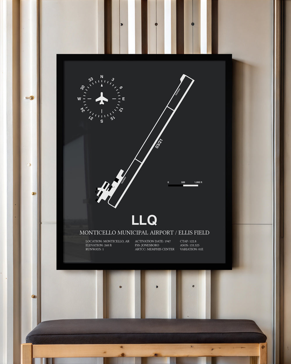 Framed Detailed Airport Map of Monticello Municipal Airport / Ellis Field (LLQ) in Gray with a Black Frame