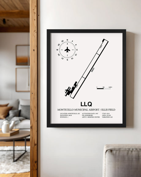 Framed Detailed Airport Map of Monticello Municipal Airport / Ellis Field (LLQ) in White with a Black Frame