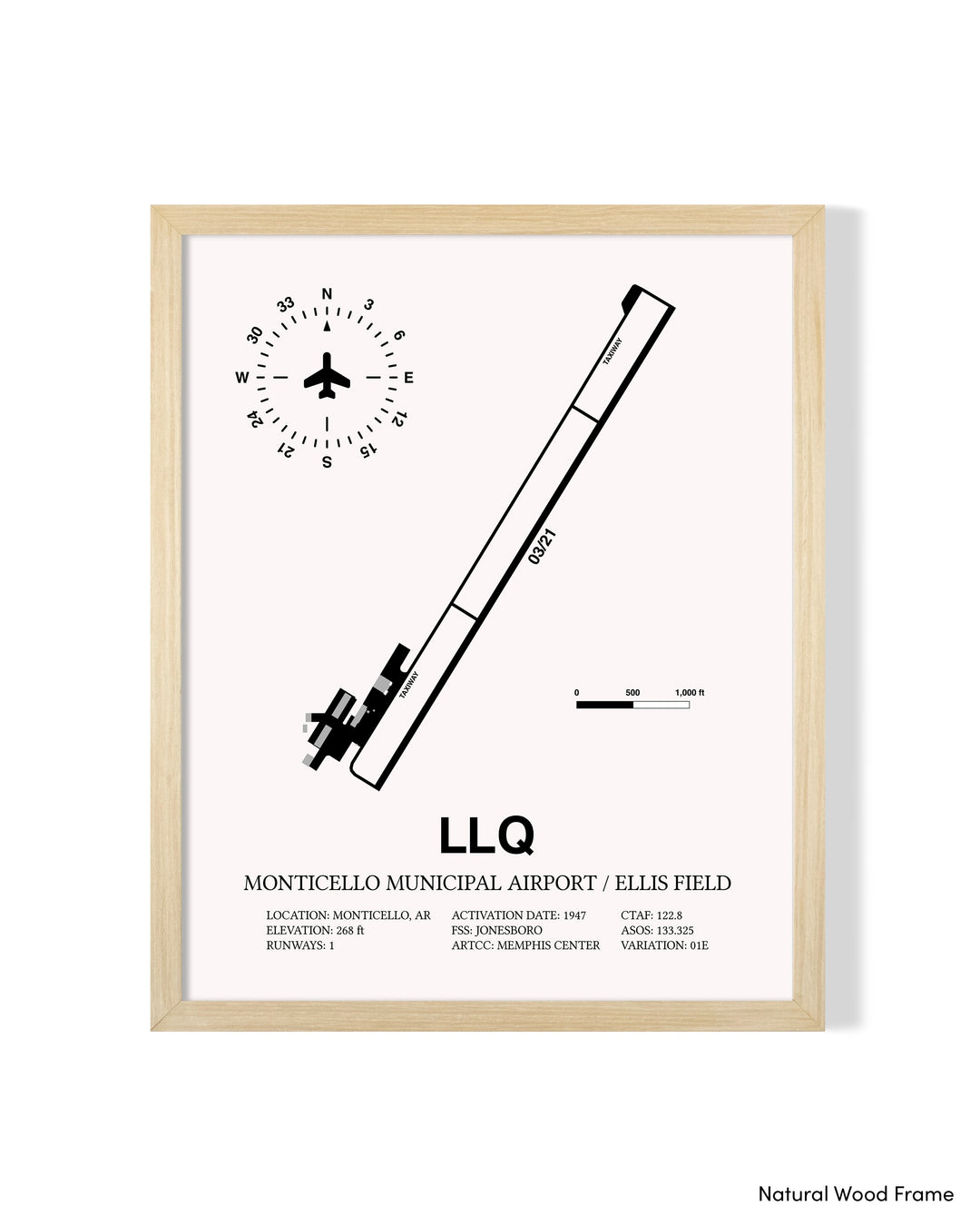 Detailed Airport Map of Monticello Municipal Airport / Ellis Field (LLQ) in White with a Natural Frame