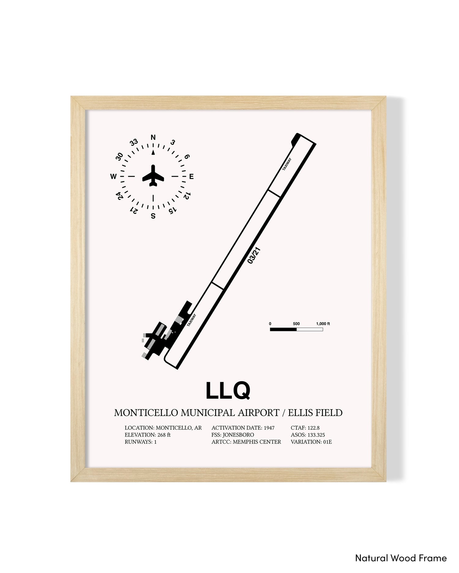 Detailed Airport Map of Monticello Municipal Airport / Ellis Field (LLQ) in White with a Natural Frame