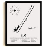 Framed Detailed Airport Map of Monticello Municipal Airport / Ellis Field (LLQ) in White with a Black Frame