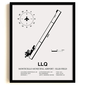 Framed Detailed Airport Map of Monticello Municipal Airport / Ellis Field (LLQ) in White with a Black Frame