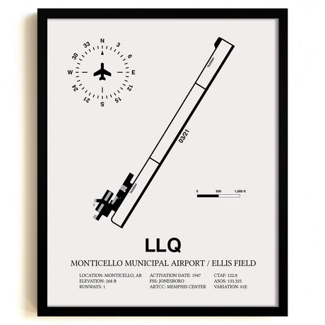 Framed Detailed Airport Map of Monticello Municipal Airport / Ellis Field (LLQ) in White with a Black Frame