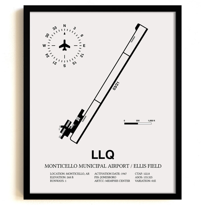 Framed Detailed Airport Map of Monticello Municipal Airport / Ellis Field (LLQ) in White with a Black Frame