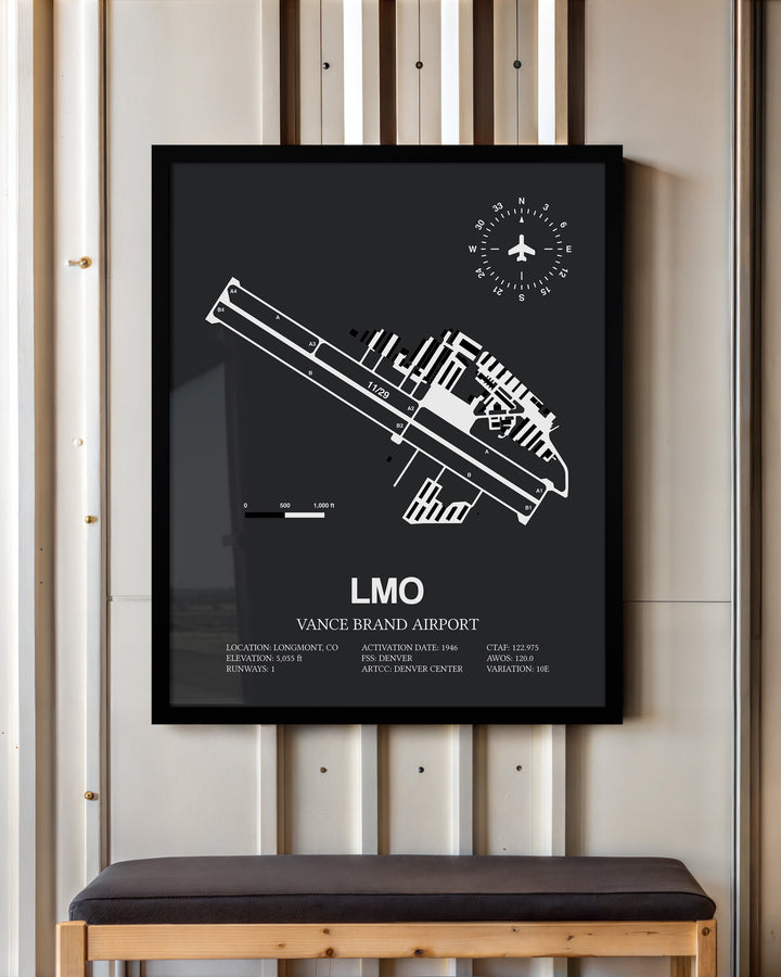 Framed Detailed Airport Map of Vance Brand Airport (LMO) in Gray with a Black Frame