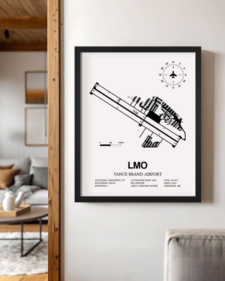 Framed Detailed Airport Map of Vance Brand Airport (LMO) in White with a Black Frame