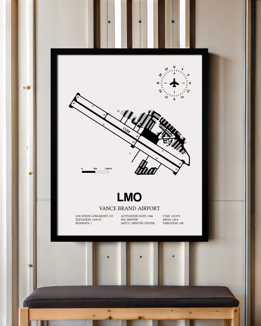 Framed Detailed Airport Map of Vance Brand Airport (LMO) in White with a Black Frame