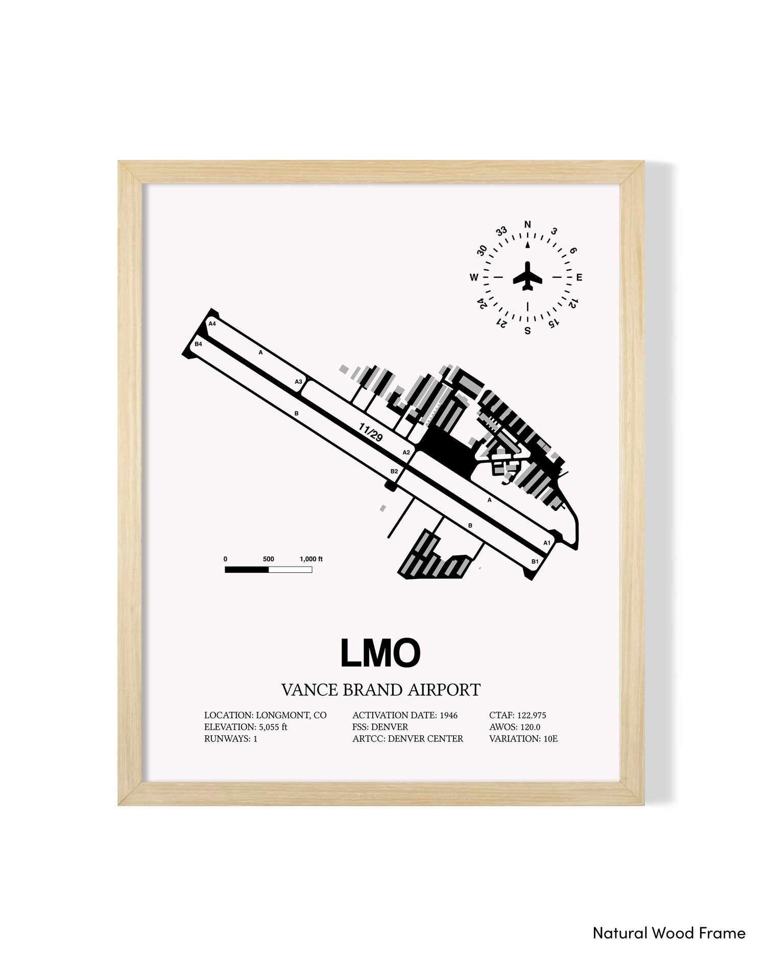 Detailed Airport Map of Vance Brand Airport (LMO) in White with a Natural Frame
