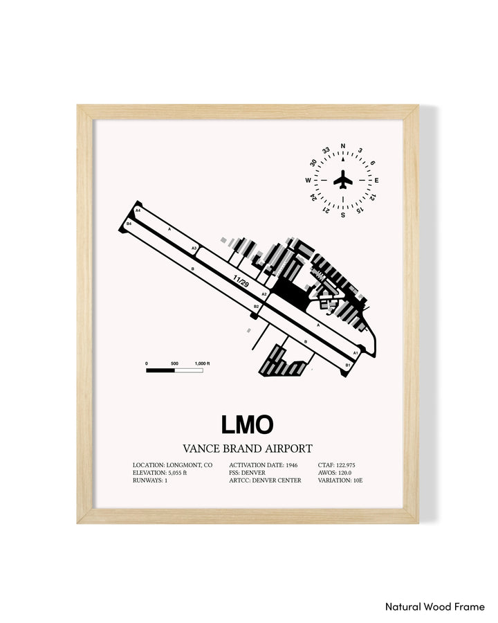 Detailed Airport Map of Vance Brand Airport (LMO) in White with a Natural Frame