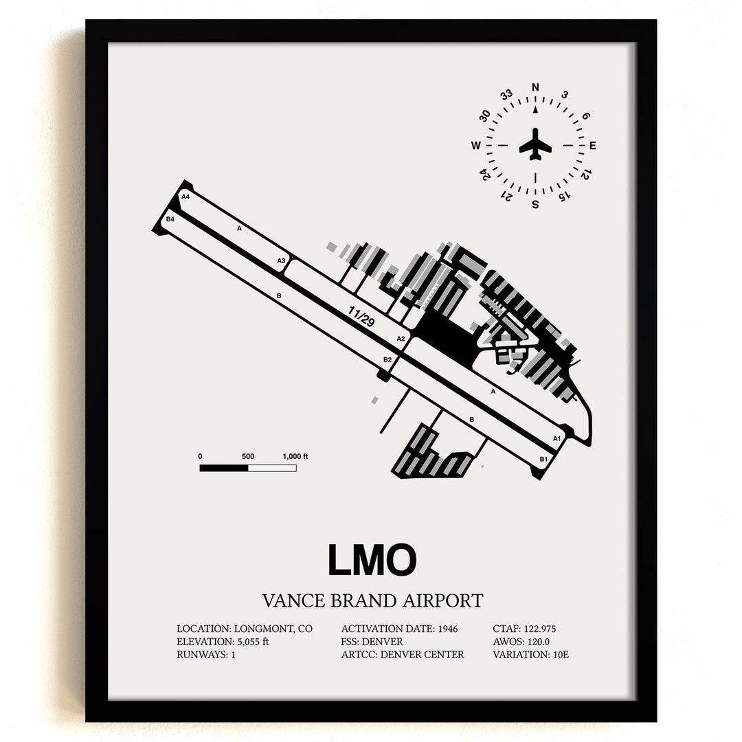 Framed Detailed Airport Map of Vance Brand Airport (LMO) in White with a Black Frame