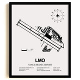 Framed Detailed Airport Map of Vance Brand Airport (LMO) in White with a Black Frame