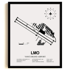 Framed Detailed Airport Map of Vance Brand Airport (LMO) in White with a Black Frame