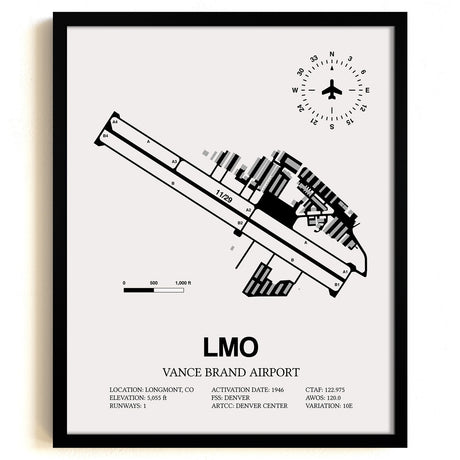 Framed Detailed Airport Map of Vance Brand Airport (LMO) in White with a Black Frame