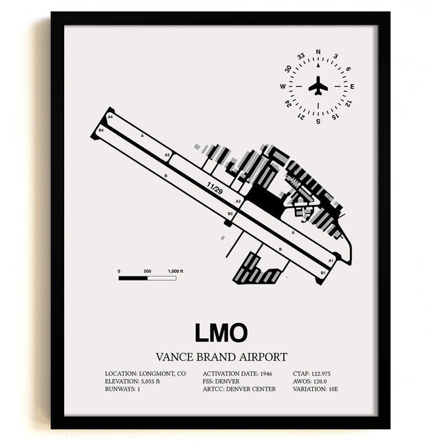 Framed Detailed Airport Map of Vance Brand Airport (LMO) in White with a Black Frame