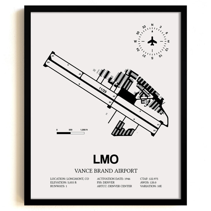 Framed Detailed Airport Map of Vance Brand Airport (LMO) in White with a Black Frame